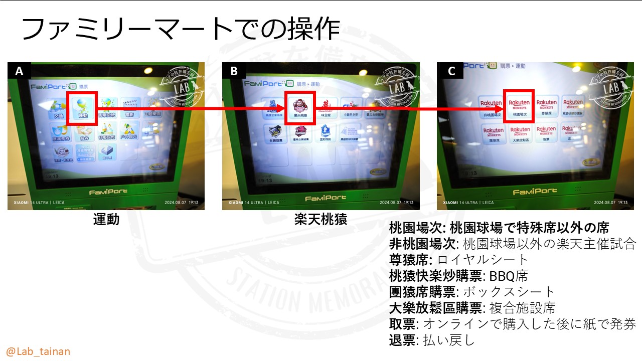 台湾プロ野球の楽天モンキーズのコンビニでのチケット購入方法（紙のチケット発券）